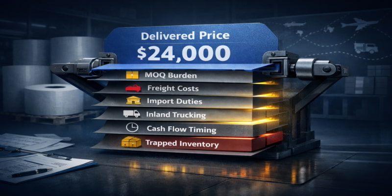 Delivered price peeled into hidden toilet tissue procurement costs like MOQ, freight, duties, cash timing, and inventory.