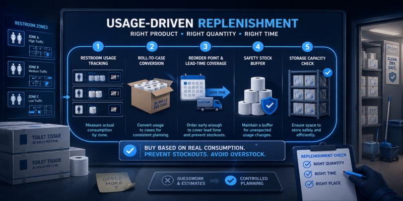 Usage-driven toilet tissue replenishment board showing usage tracking, reorder points, safety stock, and storage checks.