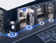 Isometric restroom replenishment workflow showing supply closet, stocked cart, route map, and dispenser refill.