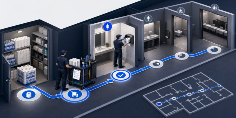 Isometric restroom replenishment workflow showing supply closet, stocked cart, route map, and dispenser refill.