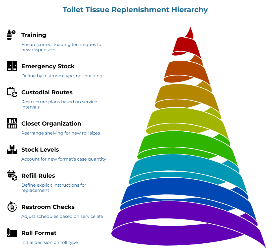 “Toilet Tissue Replenishment Hierarchy” showing a layered pyramid of operational priorities. It moves from choosing the roll type and adjusting schedules to service life, to defining replacement instructions, handling new case quantities and shelf layouts, restructuring service intervals, setting restroom-specific rules, and ensuring proper loading for new dispensers.