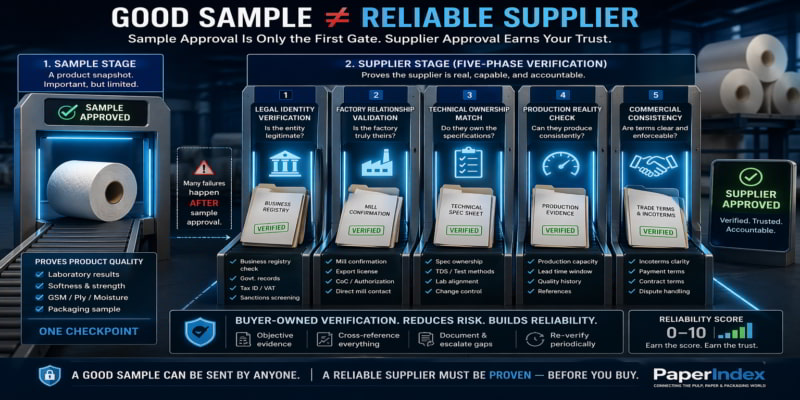 Illustration of a toilet tissue sample passing one gate while supplier approval clears five verification gates.