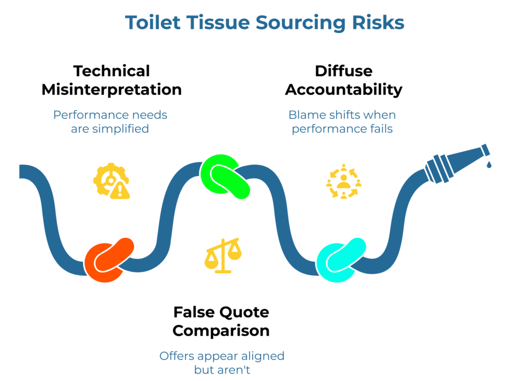 “Toilet Tissue Sourcing Risks” showing a broken hose-like chain with three linked risks: technical misinterpretation of performance needs, false quote comparison where offers seem aligned but are not, and diffuse accountability when performance fails and blame shifts between parties.