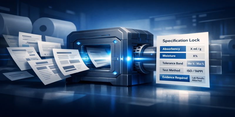 Stylized illustration of supplier quotes passing through a specification lock to create a standardized tissue paper RFQ
