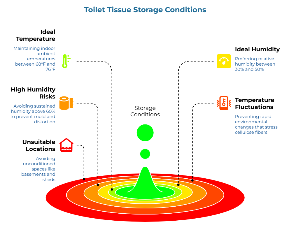“Toilet Tissue Storage Conditions” showing key storage guidelines: keep indoor temperatures between 68°F and 76°F, maintain relative humidity between 30% and 50%, avoid humidity above 60%, prevent rapid environmental changes, and do not store tissue in unconditioned spaces such as basements or sheds.