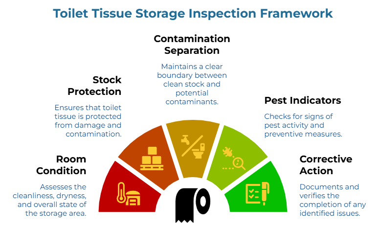 “Toilet Tissue Storage Inspection Framework” with a five-part gauge. It shows storage checks for cleanliness, dryness, and overall area condition; protection from damage and contamination; separation of clean stock from contaminants; pest monitoring; and documenting and verifying correction of identified issues.