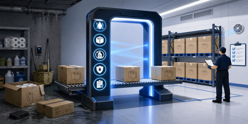 Compliant toilet tissue cartons passing through a storage inspection gate from damp clutter to clean shelving.