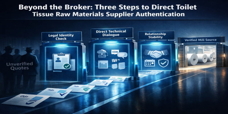 Illustration of three verification gates leading from supplier quotes to a verified toilet tissue mill source.