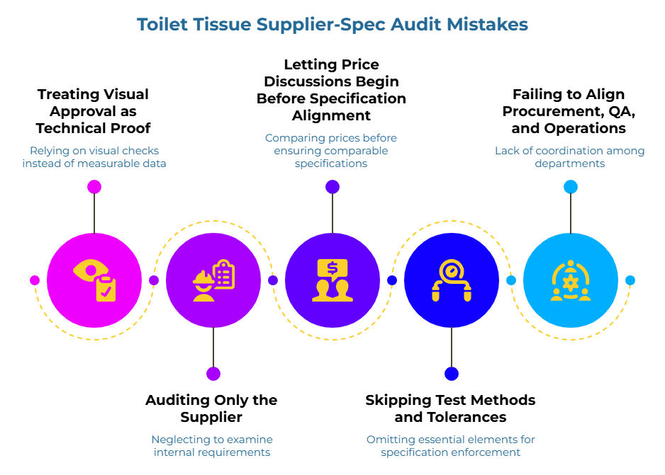 “Toilet Tissue Supplier-Spec Audit Mistakes” showing a five-point sequence of common errors: relying on visual checks instead of measurable data, ignoring internal requirements, comparing prices before confirming comparable specifications, omitting enforceable spec elements, and poor coordination across departments.
