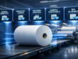 Toilet tissue parent roll passing through a five-step supplier verification gate before the converting line.