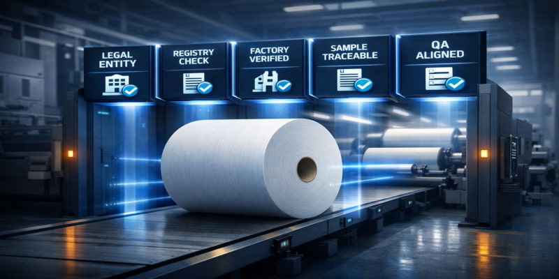 Toilet tissue parent roll passing through a five-step supplier verification gate before the converting line.