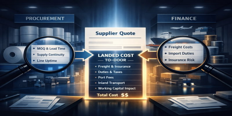 Supplier quote viewed through procurement and finance lenses, converging into one landed-cost summary for tissue sourcing.