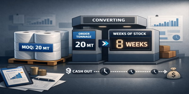 Stylized illustration of toilet tissue rolls moving through a gate that converts a 20 MT MOQ into 8 weeks of stock.