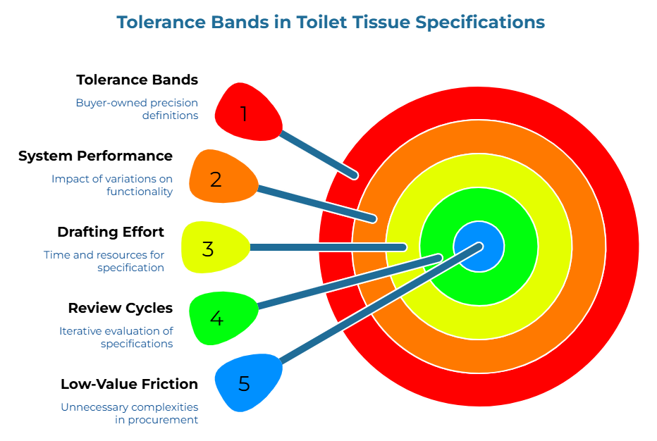 “Tolerance Bands in Toilet Tissue Specifications” showing a bullseye target with five callouts. It explains that buyer-owned precision definitions, functional impact of variation, time and resources for specification work, iterative refinement, and avoiding unnecessary procurement complexity all shape practical tolerance bands.