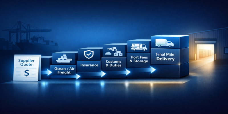 Illustration of a supplier quote expanding into landed cost through freight, insurance, customs, port fees, and delivery.