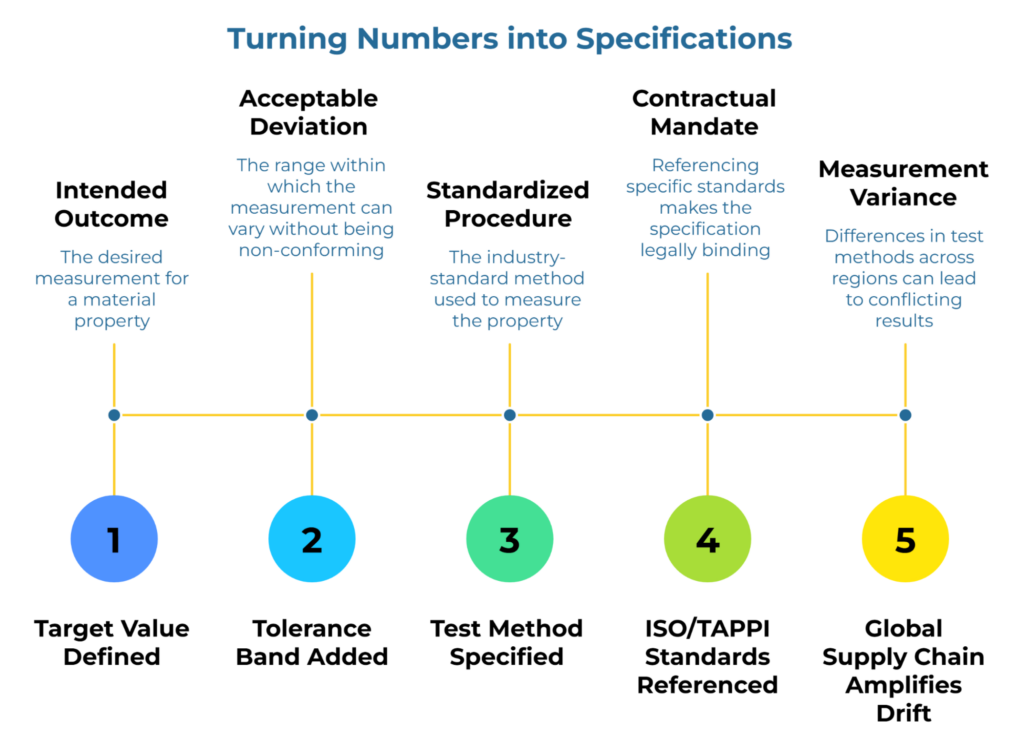 “Turning Numbers into Specifications” showing a five-step timeline. It moves from defining a target value, adding a tolerance band, specifying a standardized test method, referencing ISO or TAPPI standards to make the spec enforceable, and accounting for global measurement variance across supply chains.