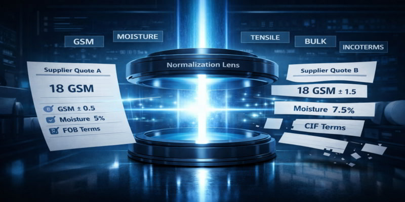Two toilet tissue supplier quotes pass through a normalization lens, revealing hidden differences in GSM, moisture, and terms. This matches the article’s focus on quote normalization across GSM, moisture, and Incoterms.