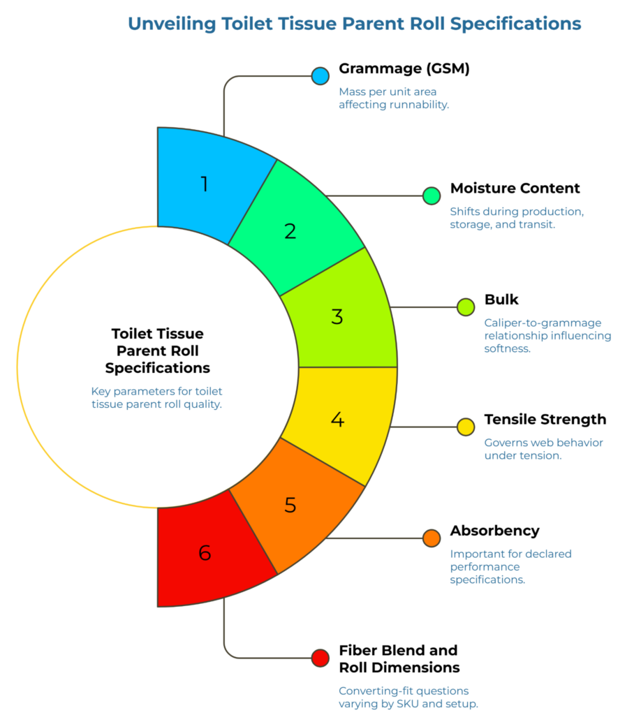 “Unveiling Toilet Tissue Parent Roll Specifications” showing a six-part circular diagram around core quality criteria. It highlights grammage or GSM, moisture content, bulk, tensile strength, absorbency, and fiber blend with roll dimensions as the main specification fields that define toilet tissue parent roll quality and converting performance.