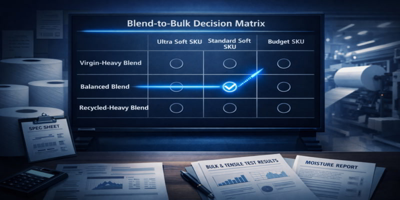 Blend-to-bulk decision matrix linking toilet tissue fiber blends to private-label softness targets in a QA setting.