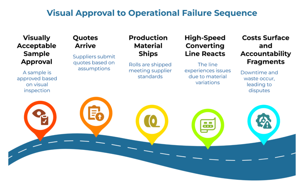 “Visual Approval to Operational Failure Sequence” showing a five-step path from visually acceptable sample approval to quotes based on assumptions, supplier-standard material shipment, high-speed converting line issues, and finally downtime, waste, and fragmented accountability.