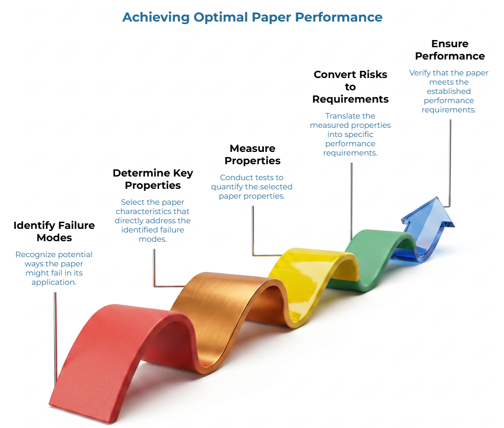 “Achieving Optimal Paper Performance” showing a rising colorful wavy ribbon with five steps: identify failure modes, determine key properties, measure properties, convert risks to requirements, and ensure performance through verification.