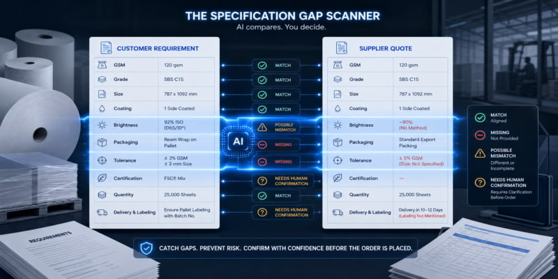 AI scanner compares paper buyer requirements with supplier quote, flagging missing specification fields.