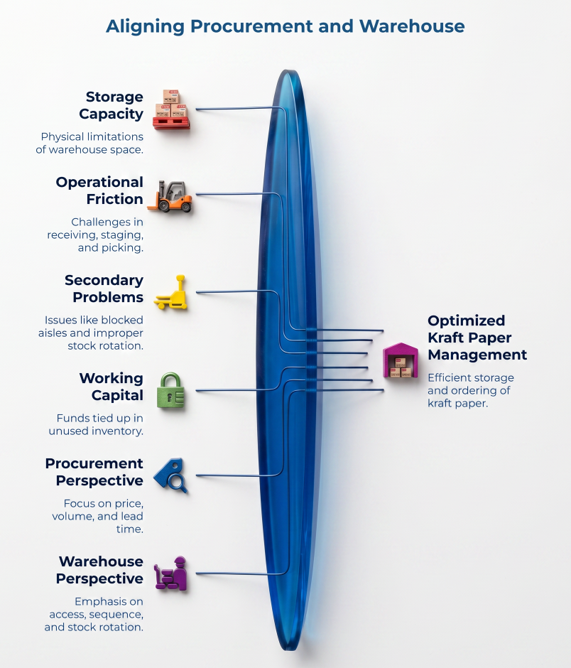 “Aligning Procurement and Warehouse” showing storage capacity, operational friction, secondary problems, working capital, procurement perspective, and warehouse perspective flowing into optimized kraft paper management.