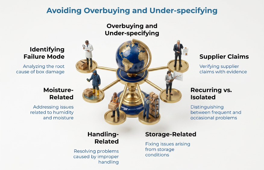“Avoiding Overbuying and Under-specifying” showing a central globe with professionals around it and key checks: failure mode, moisture, handling, storage, recurring issues, and supplier claims.