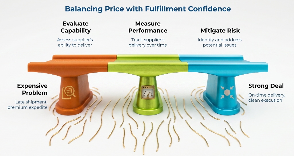 “Balancing Price with Fulfillment Confidence” showing a three-part scale: evaluate capability, measure performance, and mitigate risk, contrasting late-shipment costs with strong deals based on on-time delivery and clean execution.