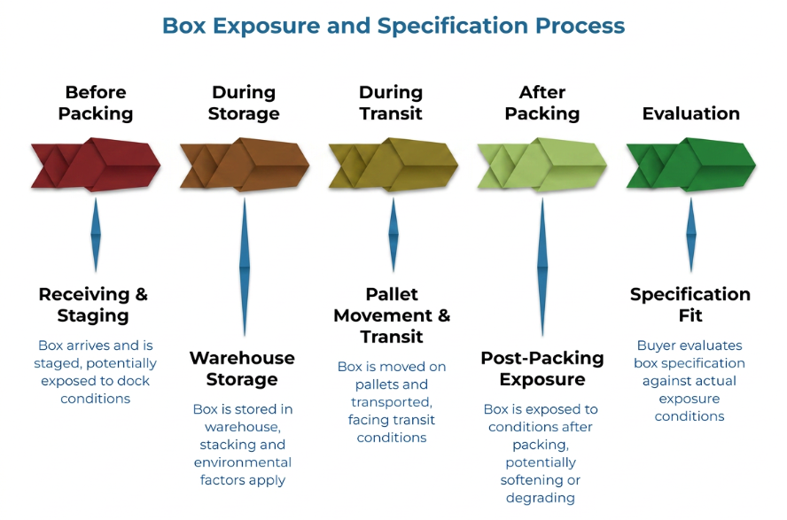 “Box Exposure and Specification Process” showing five stages: receiving and staging before packing, warehouse storage, pallet movement during transit, post-packing exposure, and final specification fit evaluation.