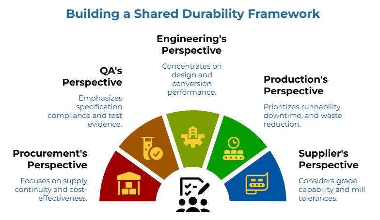 “Building a Shared Durability Framework” showing five priorities: supply continuity and cost-effectiveness, specification compliance and test evidence, design and conversion performance, runnability with less downtime and waste, and grade capability with mill tolerances.