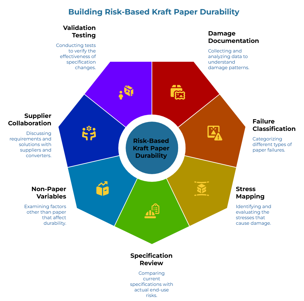 “Building Risk-Based Kraft Paper Durability” showing seven steps: analyze damage data, categorize paper failures, identify damage stresses, compare specs with end-use risks, examine non-paper factors, discuss solutions with suppliers and converters, and test specification changes.