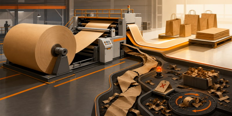 Kraft paper roll feeding a converting line that splits into saleable output and waste, showing hidden production costs.