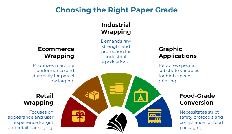 “Choosing the Right Paper Grade” showing five application needs: gift and retail packaging appearance, parcel packaging machine performance and durability, industrial strength and protection, substrate variables for high-speed printing, and strict food-packaging safety compliance.