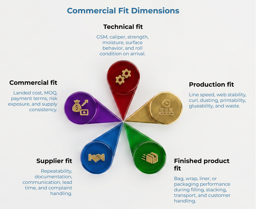 “Commercial Fit Dimensions” showing five fit areas for paper sourcing: technical fit, production fit, finished product fit, supplier fit, and commercial fit, covering specs, line performance, end-use results, supplier reliability, and landed cost factors.