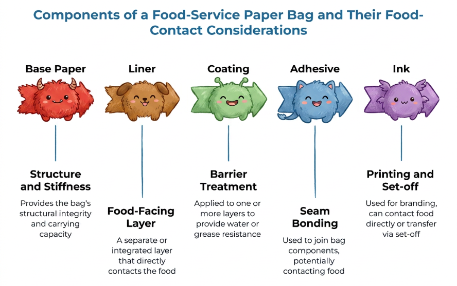 “Components of a Food-Service Paper Bag and Their Food-Contact Considerations,” showing base paper, liner, coating, adhesive, and ink, with notes on stiffness, food-facing layers, barrier treatment, seam bonding, and print set-off.