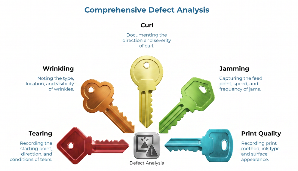 “Comprehensive Defect Analysis” showing five paper converting defects to document: tearing start point and direction, wrinkle type and location, curl direction and severity, jamming feed point, speed and frequency, and print method, ink type, and surface appearance.
