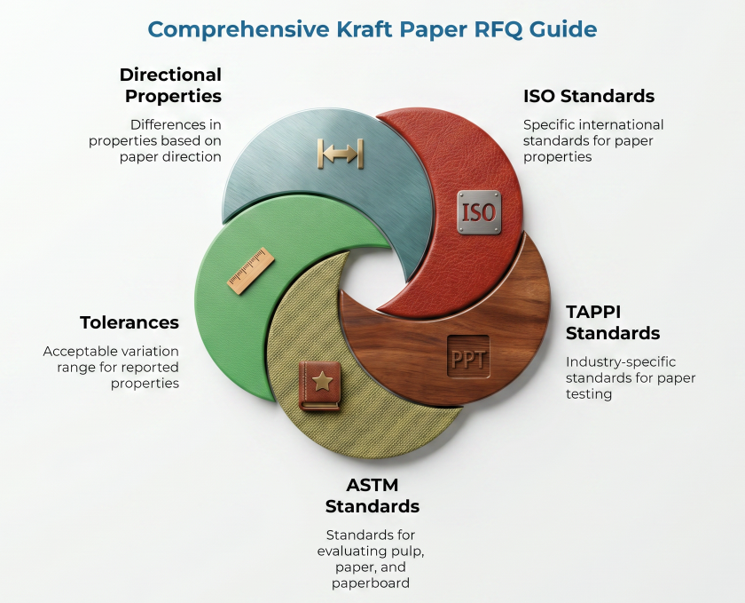 “Comprehensive Kraft Paper RFQ Guide” showing five overlapping circular segments for directional properties, tolerances, ASTM standards, TAPPI standards, and ISO standards used in paper specification requests.