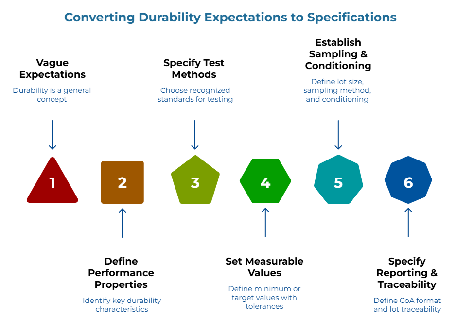 “Converting Durability Expectations to Specifications” showing six steps: define durability as a concept, identify key characteristics, choose recognized testing standards, set target values and tolerances, define lot size and sampling method, and specify CoA format and traceability.