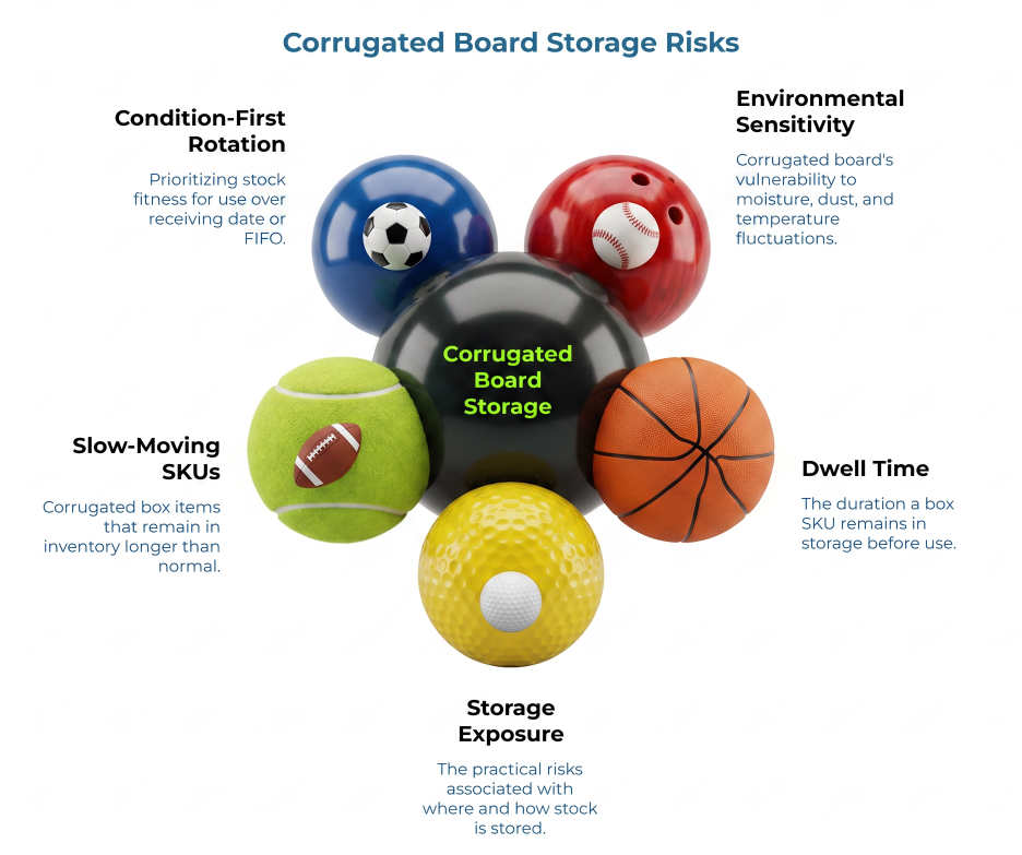 “Corrugated Board Storage Risks” showing sports balls around a central storage concept, highlighting condition-first rotation, environmental sensitivity, dwell time, storage exposure, and slow-moving SKUs.