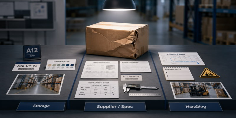 Damaged corrugated box on an inspection desk with storage, supplier spec, and handling evidence lanes.