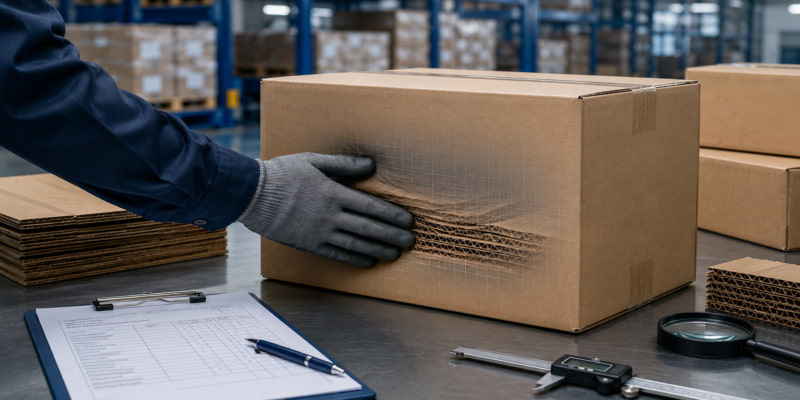Gloved worker pressing a corrugated box panel to reveal hidden flute weakness during warehouse inspection.