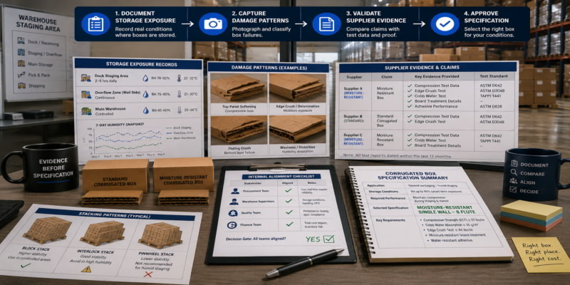 Warehouse desk comparing corrugated box samples, damage photos, storage records, and supplier evidence for specification review