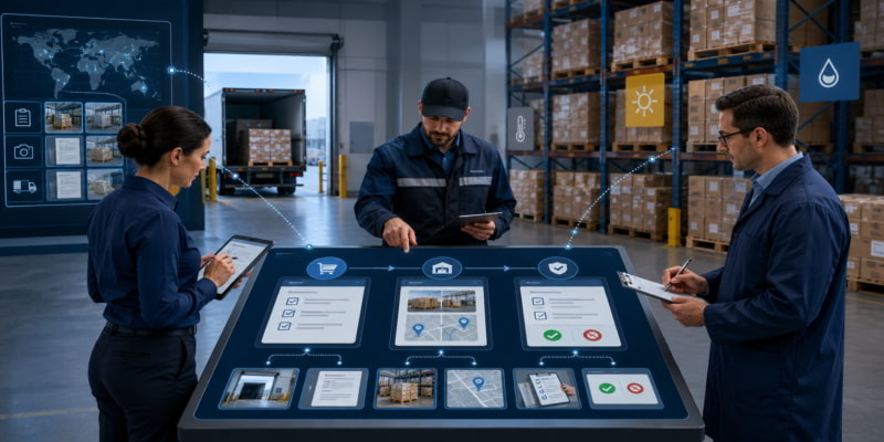 Warehouse, QA, and procurement staff review a shared corrugated box storage control dashboard.