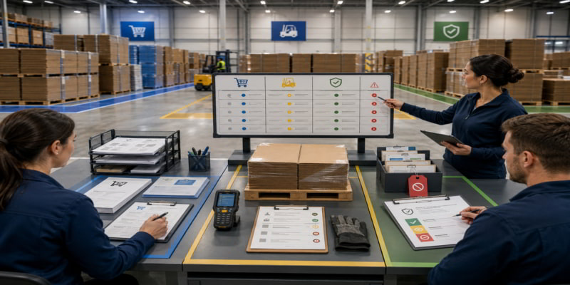 Warehouse team reviews corrugated box storage roles, pallet checks, and quality holds at a shared control desk.