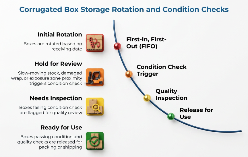 “Corrugated Box Storage Rotation and Condition Checks” showing FIFO rotation with triggers for condition checks, quality inspection, review holds, and release for use when boxes pass inspection.
