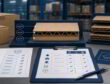 Corrugated board cross-sections, supplier checklists, and sample boxes on a procurement desk in a warehouse setting.