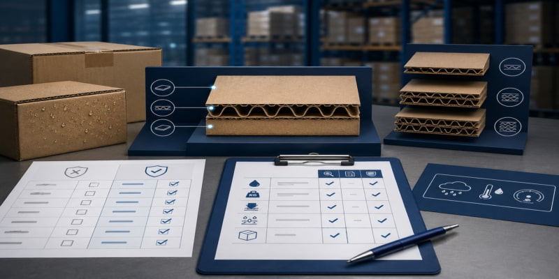 Corrugated board cross-sections, supplier checklists, and sample boxes on a procurement desk in a warehouse setting.