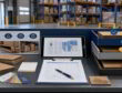Warehouse inspection desk with corrugated samples, moisture checks, storage records, and reorder decision trays