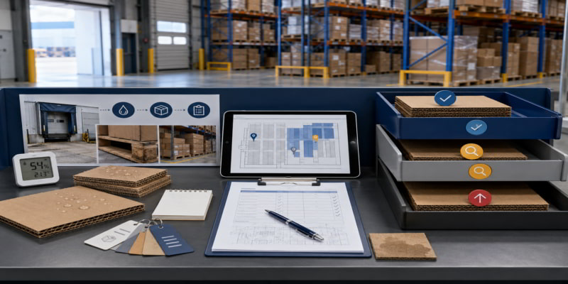 Warehouse inspection desk with corrugated samples, moisture checks, storage records, and reorder decision trays